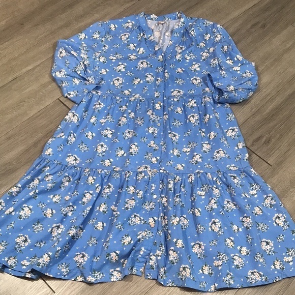 Badgley Mischka Robin Egg Blue Floral Over Sized Tiered Boho 3/4 Sleeve Dress - Picture 6 of 12